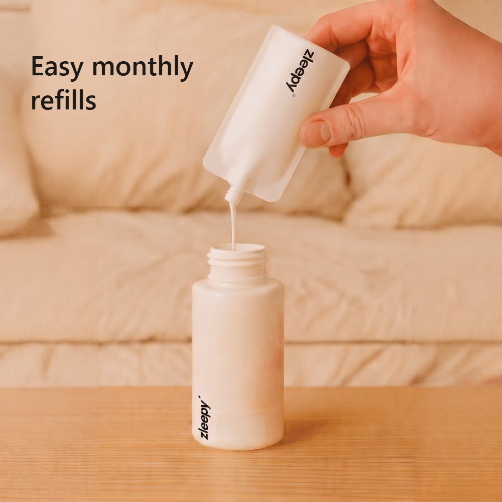 Easy monthly refills: pouring a ZLEEPY refill pouch into the spray bottle