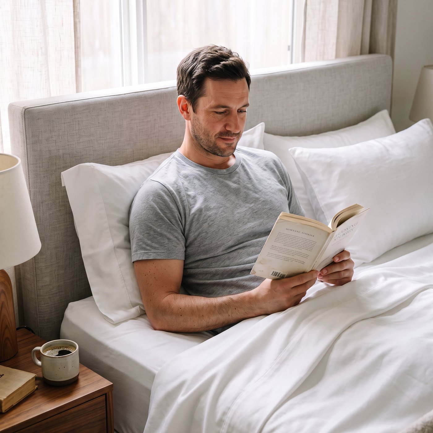 Reading in bed on white bamboo sheets
