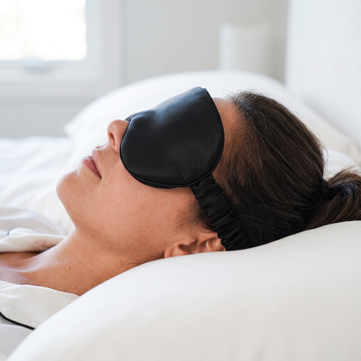 Side profile of the 3D silk sleep mask sealing at the nose