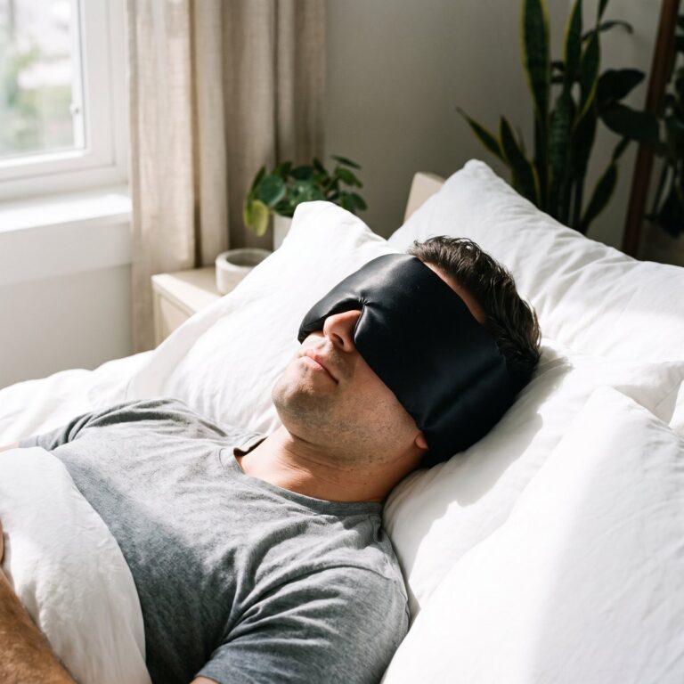 Man sleeping during the day wearing the wrap mask