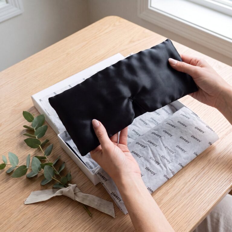 Hands holding the Wrap silk mask with its gift box