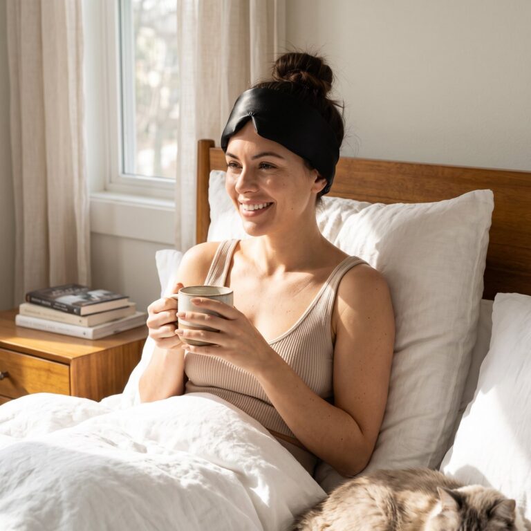 Woman asleep on her side wearing the ZLEEPY Wrap Silk Sleep Mask